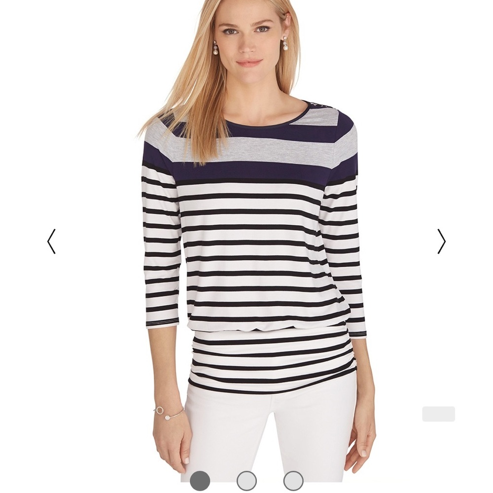White House Black Market 3/4 Sleeve Stripe Blouson Top White Black Blue Small
